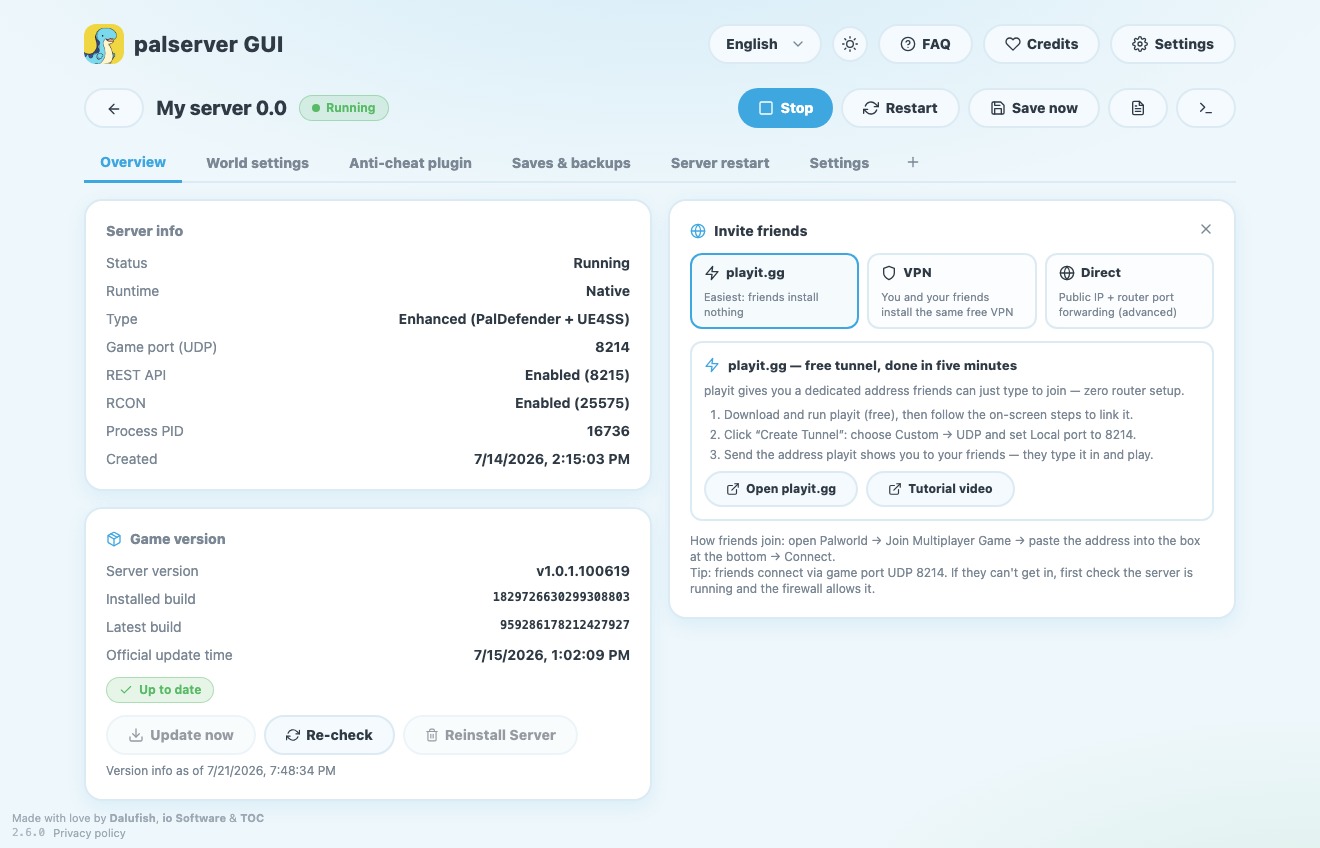 palserver GUI first-connection and pairing screen