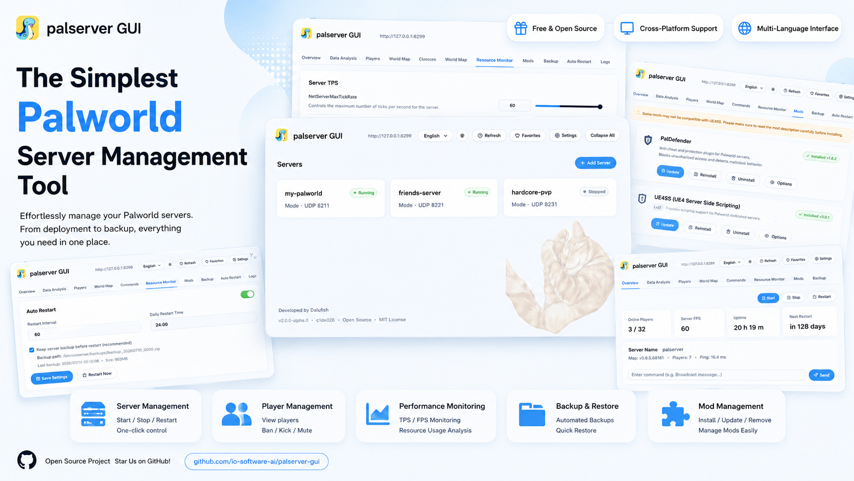 palserver GUI server overview: status, players and performance at a glance