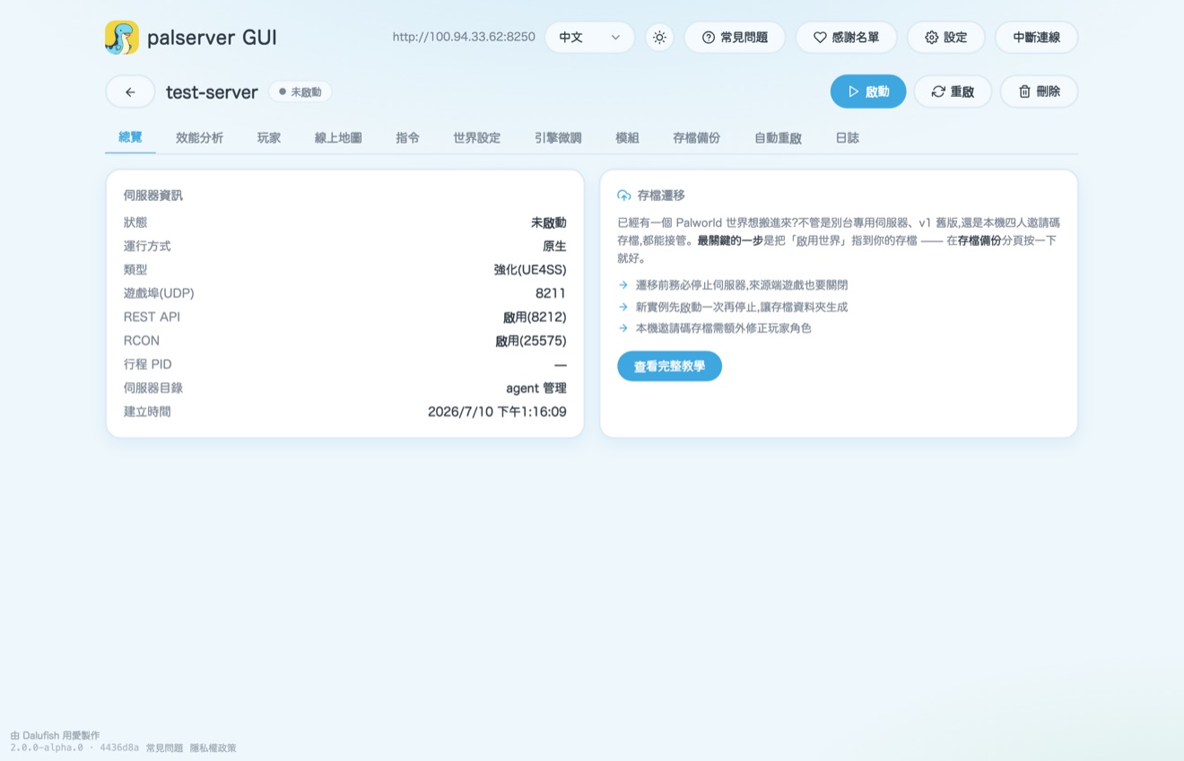 palserver GUI 伺服器總覽畫面:狀態、玩家、效能一目了然